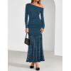 imageZESICA Womens Long Sleeve Off Shoulder Bodycon Dresses Fall 2025 Ruched Lace Wedding Guest Cocktail Formal Maxi DressBlue