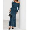 imageZESICA Womens Long Sleeve Off Shoulder Bodycon Dresses Fall 2025 Ruched Lace Wedding Guest Cocktail Formal Maxi DressBlue