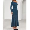 imageZESICA Womens Long Sleeve Off Shoulder Bodycon Dresses Fall 2025 Ruched Lace Wedding Guest Cocktail Formal Maxi DressBlue