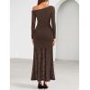 imageZESICA Womens Long Sleeve Off Shoulder Bodycon Dresses Fall 2025 Ruched Lace Wedding Guest Cocktail Formal Maxi DressCoffee