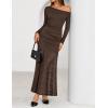imageZESICA Womens Long Sleeve Off Shoulder Bodycon Dresses Fall 2025 Ruched Lace Wedding Guest Cocktail Formal Maxi DressCoffee