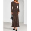 imageZESICA Womens Long Sleeve Off Shoulder Bodycon Dresses Fall 2025 Ruched Lace Wedding Guest Cocktail Formal Maxi DressCoffee