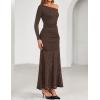 imageZESICA Womens Long Sleeve Off Shoulder Bodycon Dresses Fall 2025 Ruched Lace Wedding Guest Cocktail Formal Maxi DressCoffee