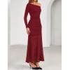 imageZESICA Womens Long Sleeve Off Shoulder Bodycon Dresses Fall 2025 Ruched Lace Wedding Guest Cocktail Formal Maxi DressRed