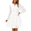 imageZESICA Womens 2025 Long Sleeve Mini Dress Fall V Neck Hollow Out Eyelet Embroidery Ruffle A Line Swing Short DressesWhite