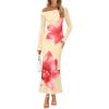 imageZESICA Womens Long Sleeve Floral Maxi Dress 2025 Fall Off Shoulder Bodycon Ruched Mesh Cocktail Wedding Guest DressesApricot