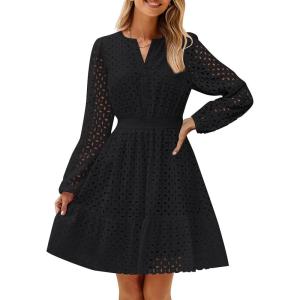 imageZESICA Womens 2025 Long Sleeve Mini Dress Fall V Neck Hollow Out Eyelet Embroidery Ruffle A Line Swing Short DressesBlack