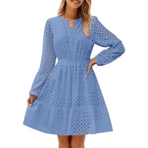 imageZESICA Womens 2025 Long Sleeve Mini Dress Fall V Neck Hollow Out Eyelet Embroidery Ruffle A Line Swing Short DressesBlue