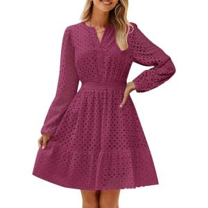 imageZESICA Womens 2025 Long Sleeve Mini Dress Fall V Neck Hollow Out Eyelet Embroidery Ruffle A Line Swing Short DressesFuchsia