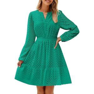 imageZESICA Womens 2025 Long Sleeve Mini Dress Fall V Neck Hollow Out Eyelet Embroidery Ruffle A Line Swing Short DressesGreen