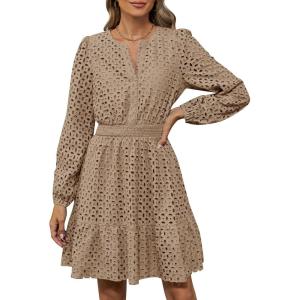 imageZESICA Womens 2025 Long Sleeve Mini Dress Fall V Neck Hollow Out Eyelet Embroidery Ruffle A Line Swing Short DressesKhaki