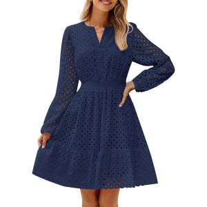 imageZESICA Womens 2025 Long Sleeve Mini Dress Fall V Neck Hollow Out Eyelet Embroidery Ruffle A Line Swing Short DressesNavy