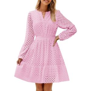 imageZESICA Womens 2025 Long Sleeve Mini Dress Fall V Neck Hollow Out Eyelet Embroidery Ruffle A Line Swing Short DressesPink