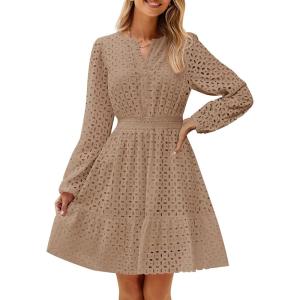 imageZESICA Womens 2025 Long Sleeve Mini Dress Fall V Neck Hollow Out Eyelet Embroidery Ruffle A Line Swing Short DressesTan