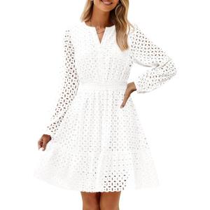 imageZESICA Womens 2025 Long Sleeve Mini Dress Fall V Neck Hollow Out Eyelet Embroidery Ruffle A Line Swing Short DressesWhite