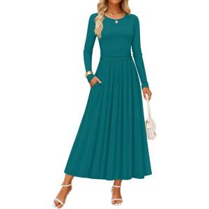 imageZESICA Womens Elegant Long Sleeve Maxi Dress 2025 Fall Crewneck Knit High Wasit Pleated Flowy A Line Casual Party DressesAqua