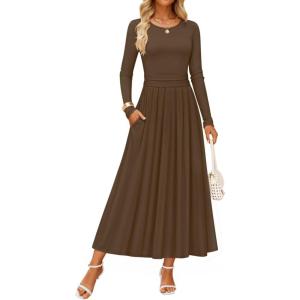imageZESICA Womens Elegant Long Sleeve Maxi Dress 2025 Fall Crewneck Knit High Wasit Pleated Flowy A Line Casual Party DressesBrown