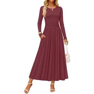 imageZESICA Womens Elegant Long Sleeve Maxi Dress 2025 Fall Crewneck Knit High Wasit Pleated Flowy A Line Casual Party DressesFuchsia