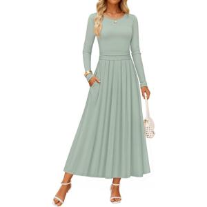 imageZESICA Womens Elegant Long Sleeve Maxi Dress 2025 Fall Crewneck Knit High Wasit Pleated Flowy A Line Casual Party DressesGreen
