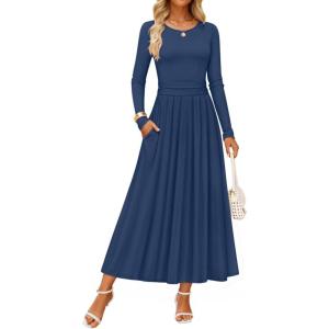 imageZESICA Womens Elegant Long Sleeve Maxi Dress 2025 Fall Crewneck Knit High Wasit Pleated Flowy A Line Casual Party DressesNavy