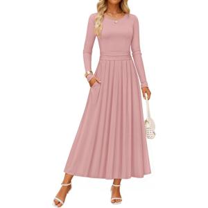 imageZESICA Womens Elegant Long Sleeve Maxi Dress 2025 Fall Crewneck Knit High Wasit Pleated Flowy A Line Casual Party DressesPink