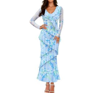 imageZESICA Womens Fall Floral Long Sleeve Maxi Dress 2025 Boho Bodycon V Neck Ruffle Wedding Party Long DressesBlue