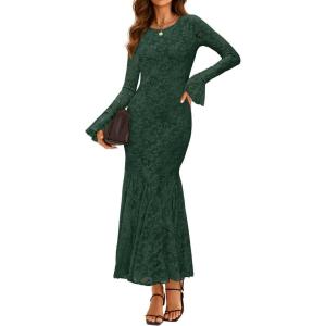 imageZESICA Womens Long Sleeve Bodycon Maxi Dress 2025 Fall Fashion Floral Sexy Mermaid Wedding Guest Cocktail Party DressesDarkgreen