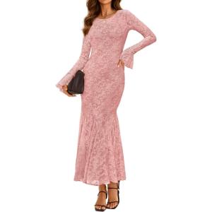 imageZESICA Womens Long Sleeve Bodycon Maxi Dress 2025 Fall Fashion Floral Sexy Mermaid Wedding Guest Cocktail Party DressesPink