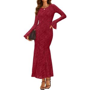 imageZESICA Womens Long Sleeve Bodycon Maxi Dress 2025 Fall Fashion Floral Sexy Mermaid Wedding Guest Cocktail Party DressesRed