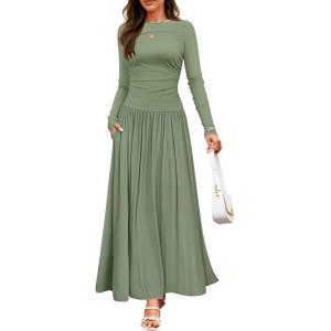 imageZESICA Womens Long Sleeve Fall Maxi Dress 2025 Crewneck Knit Casual Slim Swing Pleated Dresses with PocketsBean Green