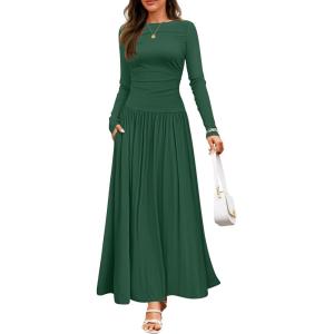 imageZESICA Womens Long Sleeve Fall Maxi Dress 2025 Crewneck Knit Casual Slim Swing Pleated Dresses with PocketsDark Green
