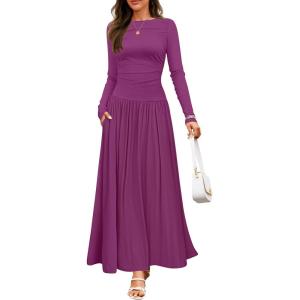 imageZESICA Womens Long Sleeve Fall Maxi Dress 2025 Crewneck Knit Casual Slim Swing Pleated Dresses with PocketsPlum