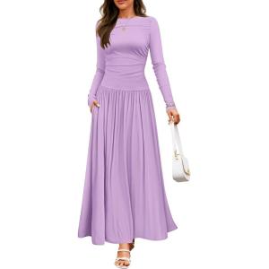 imageZESICA Womens Long Sleeve Fall Maxi Dress 2025 Crewneck Knit Casual Slim Swing Pleated Dresses with PocketsPurple