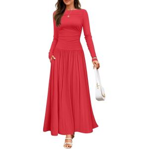 imageZESICA Womens Long Sleeve Fall Maxi Dress 2025 Crewneck Knit Casual Slim Swing Pleated Dresses with PocketsRed