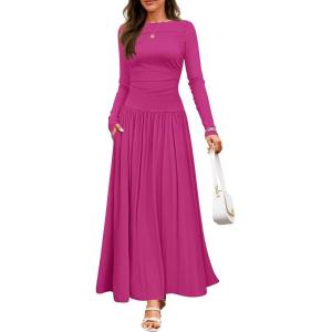 imageZESICA Womens Long Sleeve Fall Maxi Dress 2025 Crewneck Knit Casual Slim Swing Pleated Dresses with PocketsRose