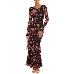 imageZESICA Womens Long Sleeve Floral Bodycon Dresses 2025 Fall Fashion Mesh Ruffle Mermaid Wedding Guest Party Maxi DressBlack