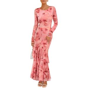 imageZESICA Womens Long Sleeve Floral Bodycon Dresses 2025 Fall Fashion Mesh Ruffle Mermaid Wedding Guest Party Maxi DressPink