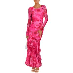 imageZESICA Womens Long Sleeve Floral Bodycon Dresses 2025 Fall Fashion Mesh Ruffle Mermaid Wedding Guest Party Maxi DressRose