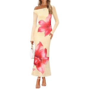 imageZESICA Womens Long Sleeve Floral Maxi Dress 2025 Fall Off Shoulder Bodycon Ruched Mesh Cocktail Wedding Guest DressesApricot