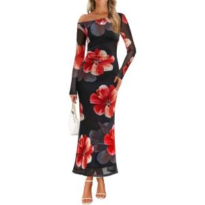 imageZESICA Womens Long Sleeve Floral Maxi Dress 2025 Fall Off Shoulder Bodycon Ruched Mesh Cocktail Wedding Guest DressesBlack