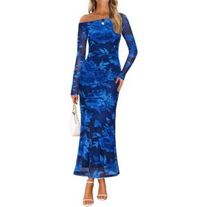 imageZESICA Womens Long Sleeve Floral Maxi Dress 2025 Fall Off Shoulder Bodycon Ruched Mesh Cocktail Wedding Guest DressesBlue