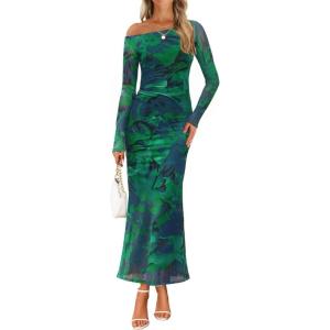 imageZESICA Womens Long Sleeve Floral Maxi Dress 2025 Fall Off Shoulder Bodycon Ruched Mesh Cocktail Wedding Guest DressesGreen