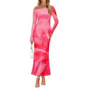 imageZESICA Womens Long Sleeve Floral Maxi Dress 2025 Fall Off Shoulder Bodycon Ruched Mesh Cocktail Wedding Guest DressesPink