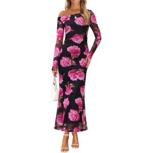 imageZESICA Womens Long Sleeve Floral Maxi Dress 2025 Fall Off Shoulder Bodycon Ruched Mesh Cocktail Wedding Guest DressesPurple