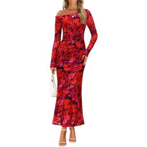 imageZESICA Womens Long Sleeve Floral Maxi Dress 2025 Fall Off Shoulder Bodycon Ruched Mesh Cocktail Wedding Guest DressesRed