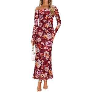 imageZESICA Womens Long Sleeve Floral Maxi Dress 2025 Fall Off Shoulder Bodycon Ruched Mesh Cocktail Wedding Guest DressesWine