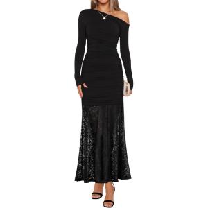 imageZESICA Womens Long Sleeve Off Shoulder Bodycon Dresses Fall 2025 Ruched Lace Wedding Guest Cocktail Formal Maxi DressBlack