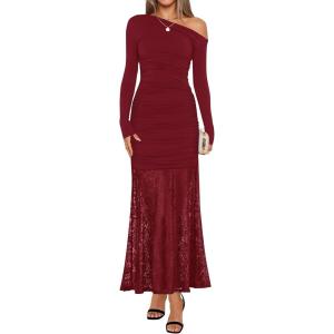 imageZESICA Womens Long Sleeve Off Shoulder Bodycon Dresses Fall 2025 Ruched Lace Wedding Guest Cocktail Formal Maxi DressRed