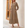 imageZESICA Womens 2025 Fall Long Sleeve Dress Crewneck Casual Loose Pleated Tiered Swing Midi Dresses with PocketsKhaki
