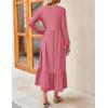 imageZESICA Womens 2025 Fall Long Sleeve Dress Crewneck Casual Loose Pleated Tiered Swing Midi Dresses with PocketsPink